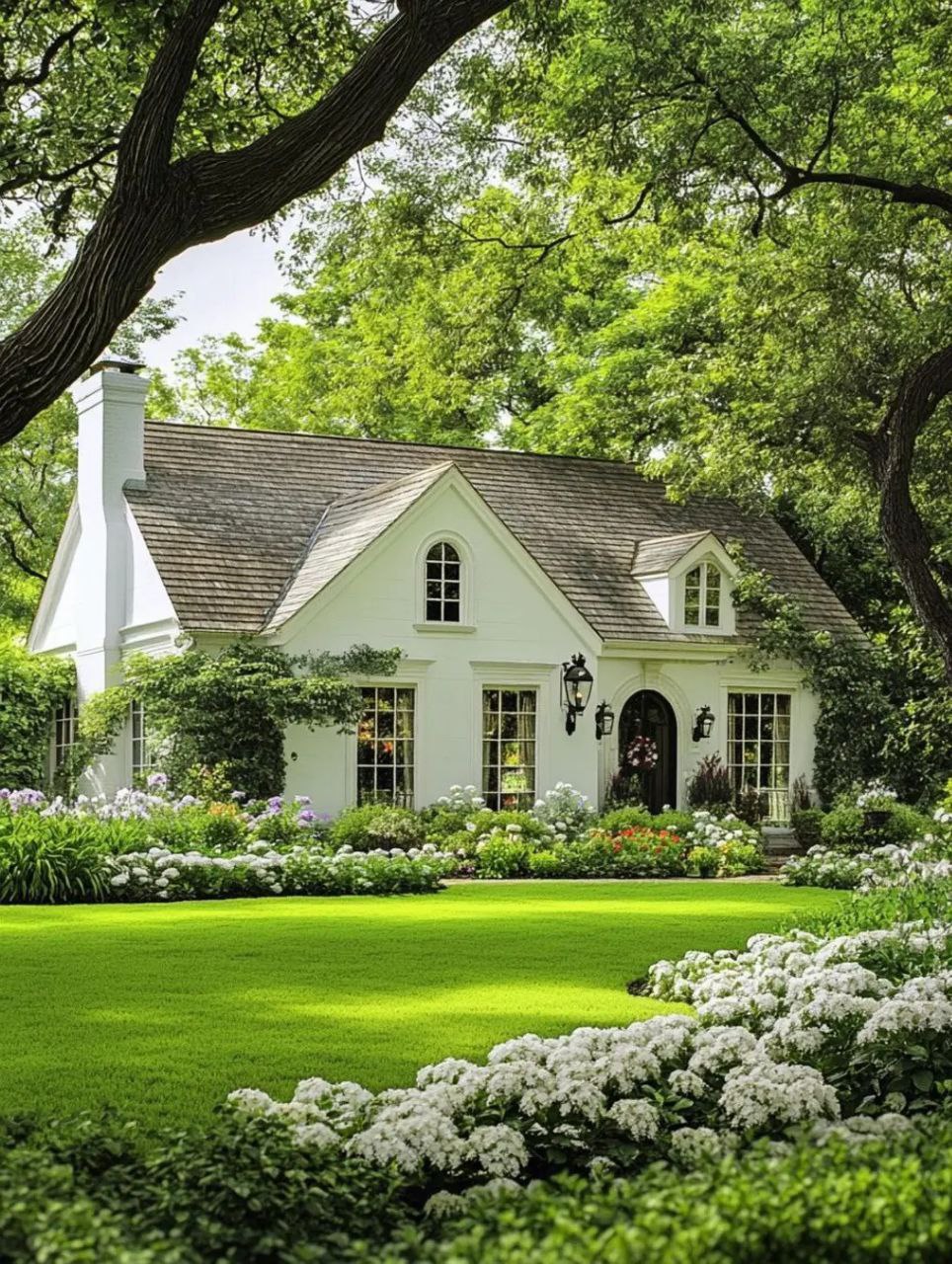 White cottage surrounded by a green lawn, flower beds, and large leafy trees