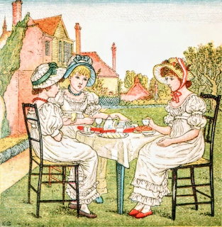 Vintage illustration of three women in white dresses having tea outdoors beside a cottage garden