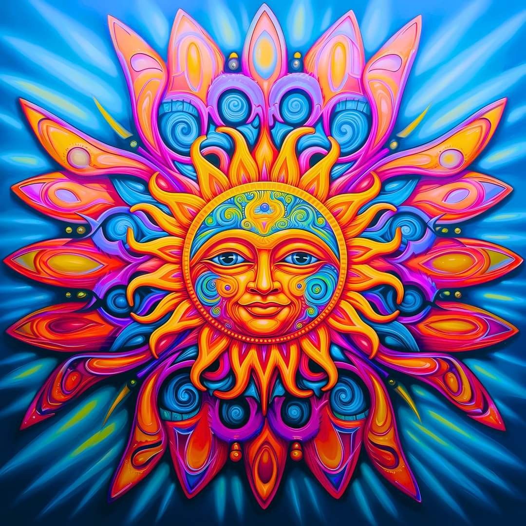 Decorative sun with human face at center, surrounded by rainbow-colored ornamental rays in mandala pattern