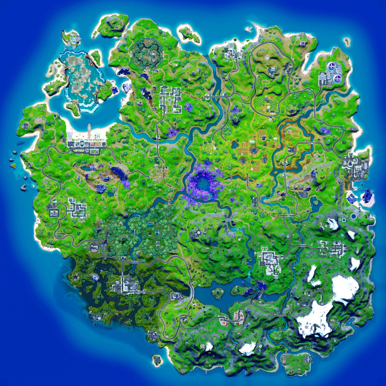 Top-down illustrated Fortnite Chapter 2 Season 8 island map with green land, rivers, roads, and coastal areas.