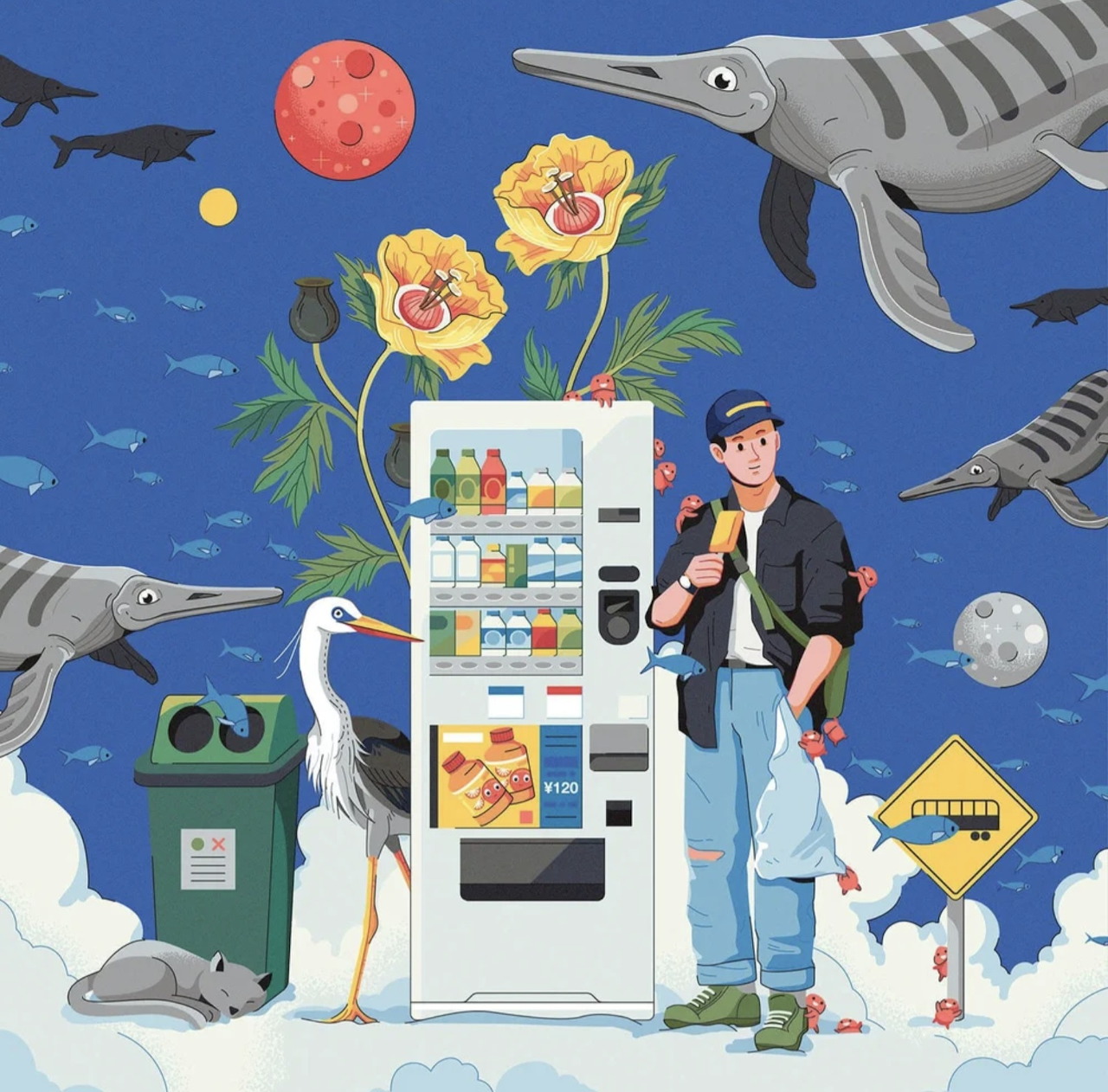 Surreal illustration of a man beside a vending machine with flowers, birds, and marine reptiles on blue