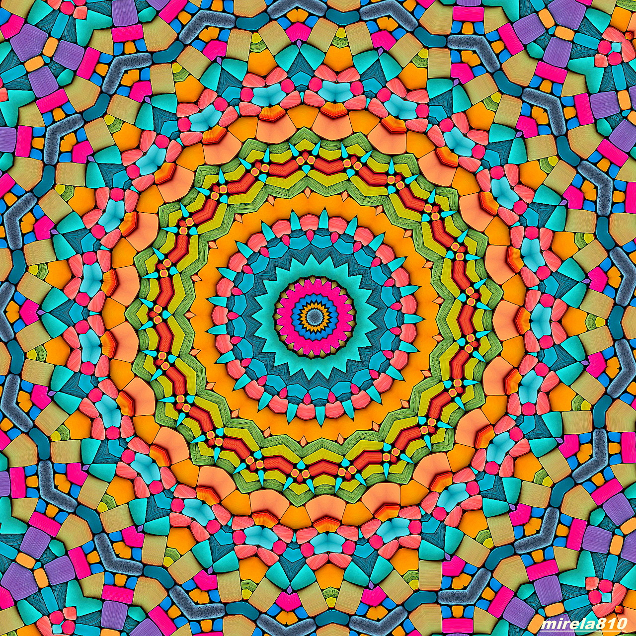 Colorful geometric mandala with concentric circles of intricate patterns in rainbow colors radiating from center