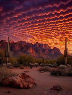 Ripled cloud pattern glowing orange at sunset over desert mountains and saguaro cacti
