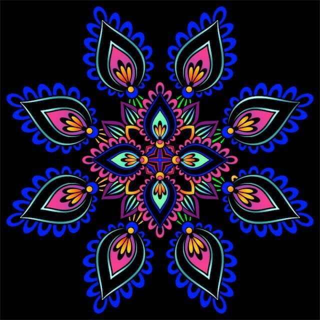 Symmetrical mandala with colorful teardrop petals radiating from ornate center on black background