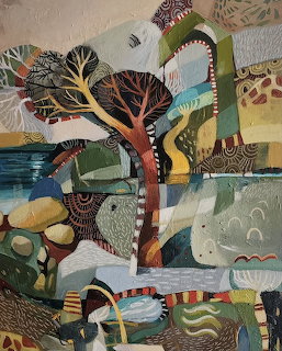 Abstract painting of bare trees in a colorful patchwork landscape with geometric patterns and water