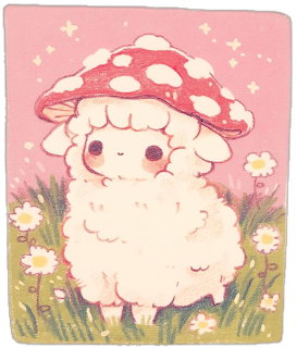 Cute illustration of a fluffy white sheep wearing a red mushroom hat in a field of daisies on pink background