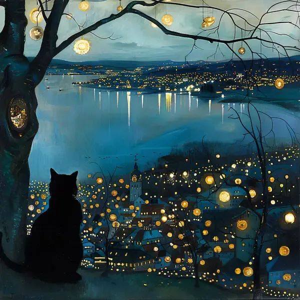 Cat silhouette watching city lights reflecting on lake at night under tree branches