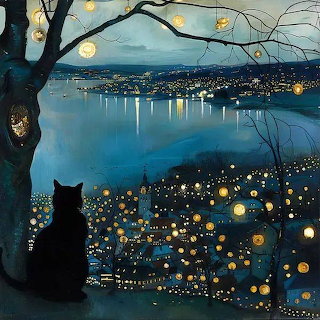 Cat Overlooking Night City Lake