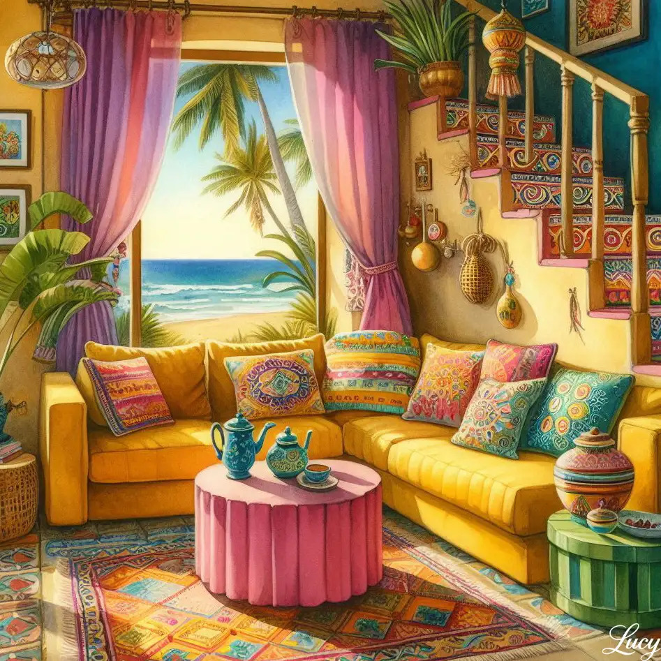 Colorful tropical living room with yellow couch, ocean view through window, palm trees and decorative textiles