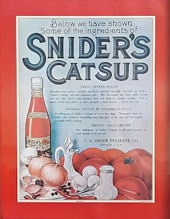 Vintage Snider's Catsup ad with ketchup bottle, tomatoes, onions, and decorative text