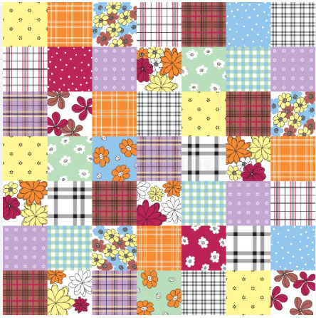 Patchwork quilt pattern with floral, plaid, gingham, and polka dot fabric squares in various colors