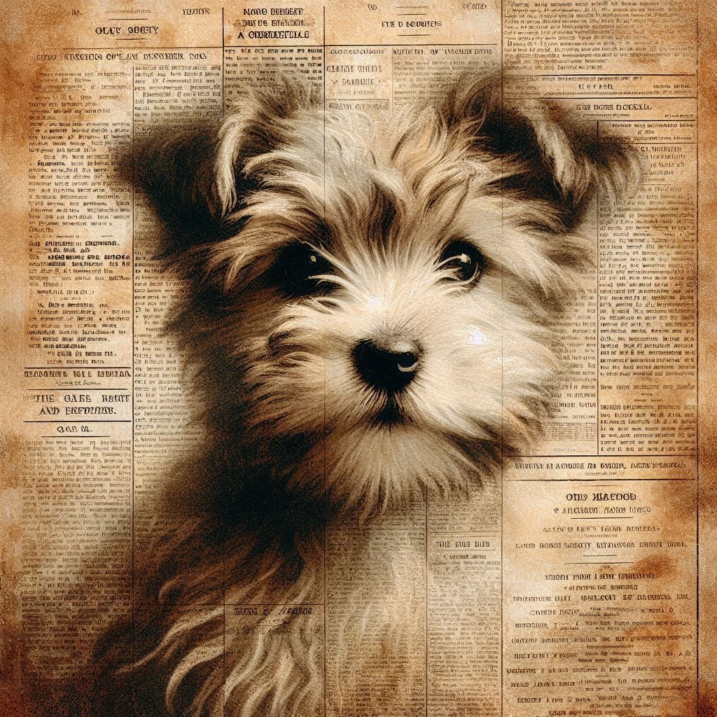 Sepia portrait of a scruffy fluffy puppy with a vintage newspaper collage background