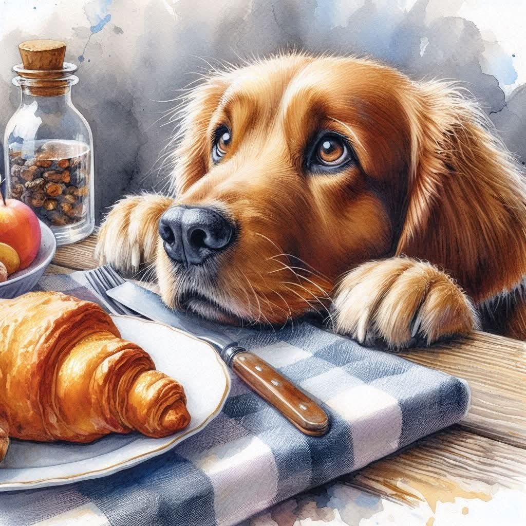 Golden retriever puppy resting on a table beside a croissant, fruit, and a glass jar