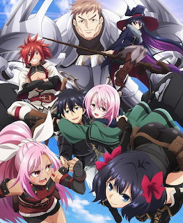 Anime characters in fantasy adventurer outfits with varied hair colors posed together against cloudy sky