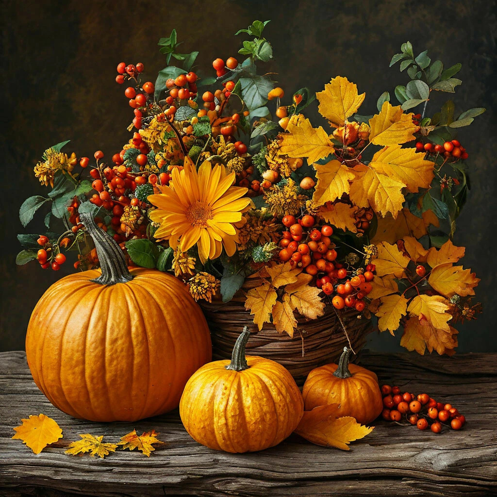 Pumpkins with yellow flowers, red berries, and fall leaves in rustic arrangement