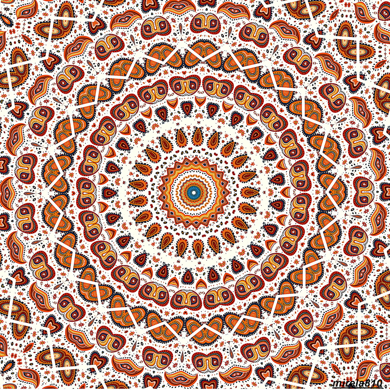 Detailed mandala with ornate geometric patterns in orange, brown, and white with blue center