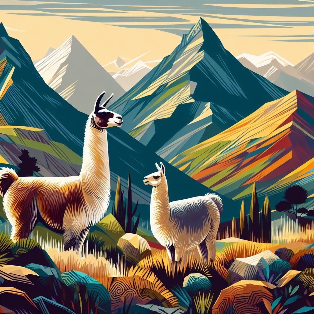 Two llamas in a vibrant stylized mountain landscape with colorful layered peaks and golden grass