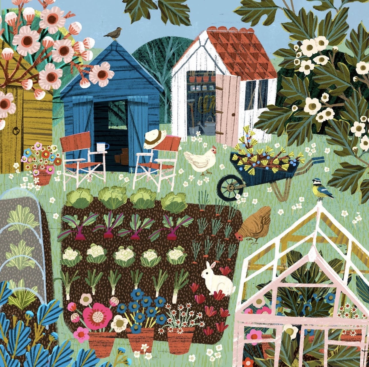 Illustrated garden with sheds, greenhouse, flowers, vegetable beds, and potted plants