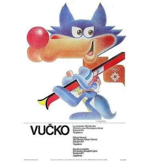 Vučko wolf mascot character carrying Olympic torch and flag from 1984 Sarajevo Winter Olympics poster