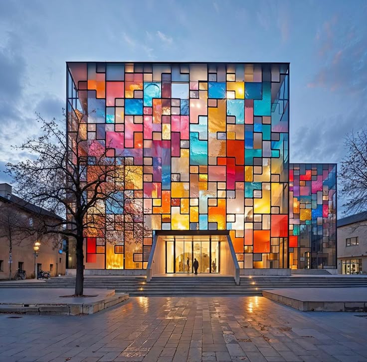 Modern building with multicolored glass panel facade illuminated at dusk
