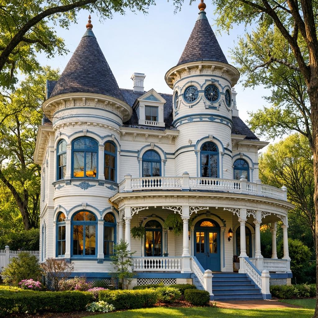 White Victorian mansion with cone-roofed turrets, ornate balconies, and front porch surrounded by trees