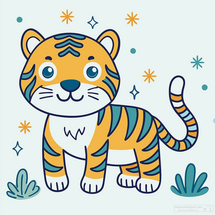 Cute cartoon tiger cub with orange and teal stripes on a light blue background with decorative stars