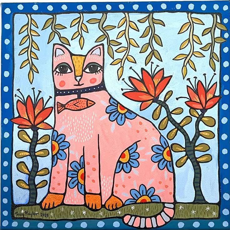 Folk art painting of pink cat with flowers and hanging willow branches in decorative border