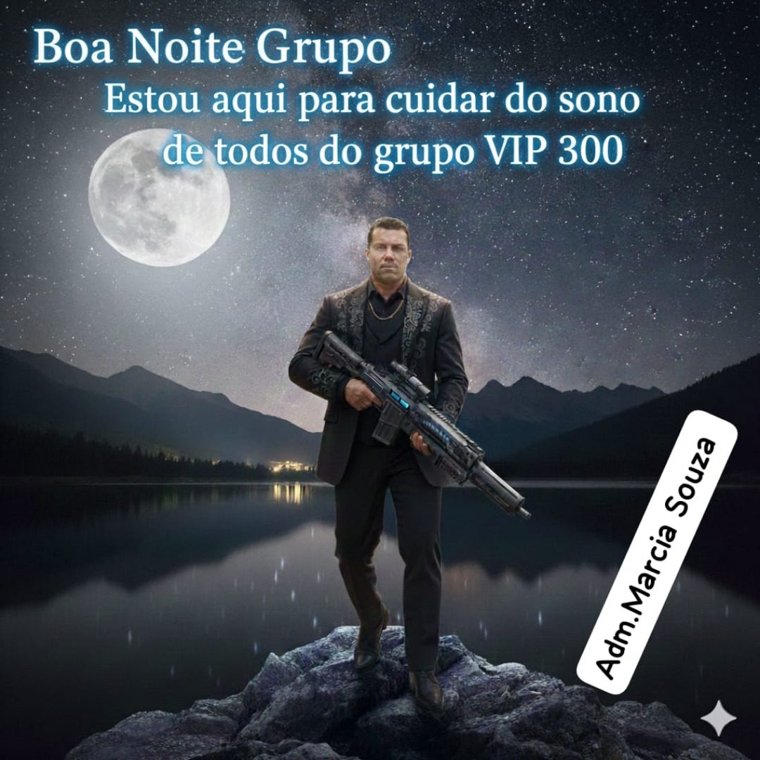 Man with a large rifle standing on rocks by a lake under a full moon and starry sky, with Portuguese text