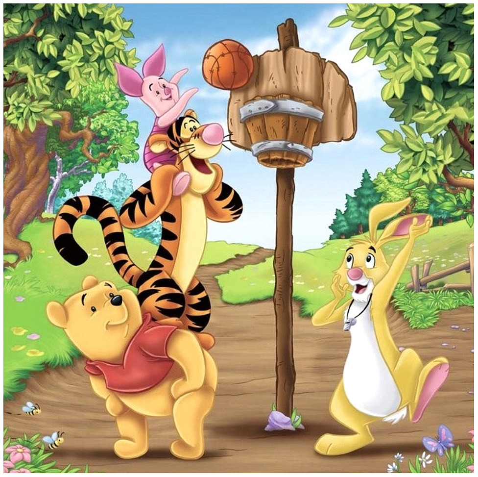 Winnie the Pooh characters playing basketball on a wooden court surrounded by trees