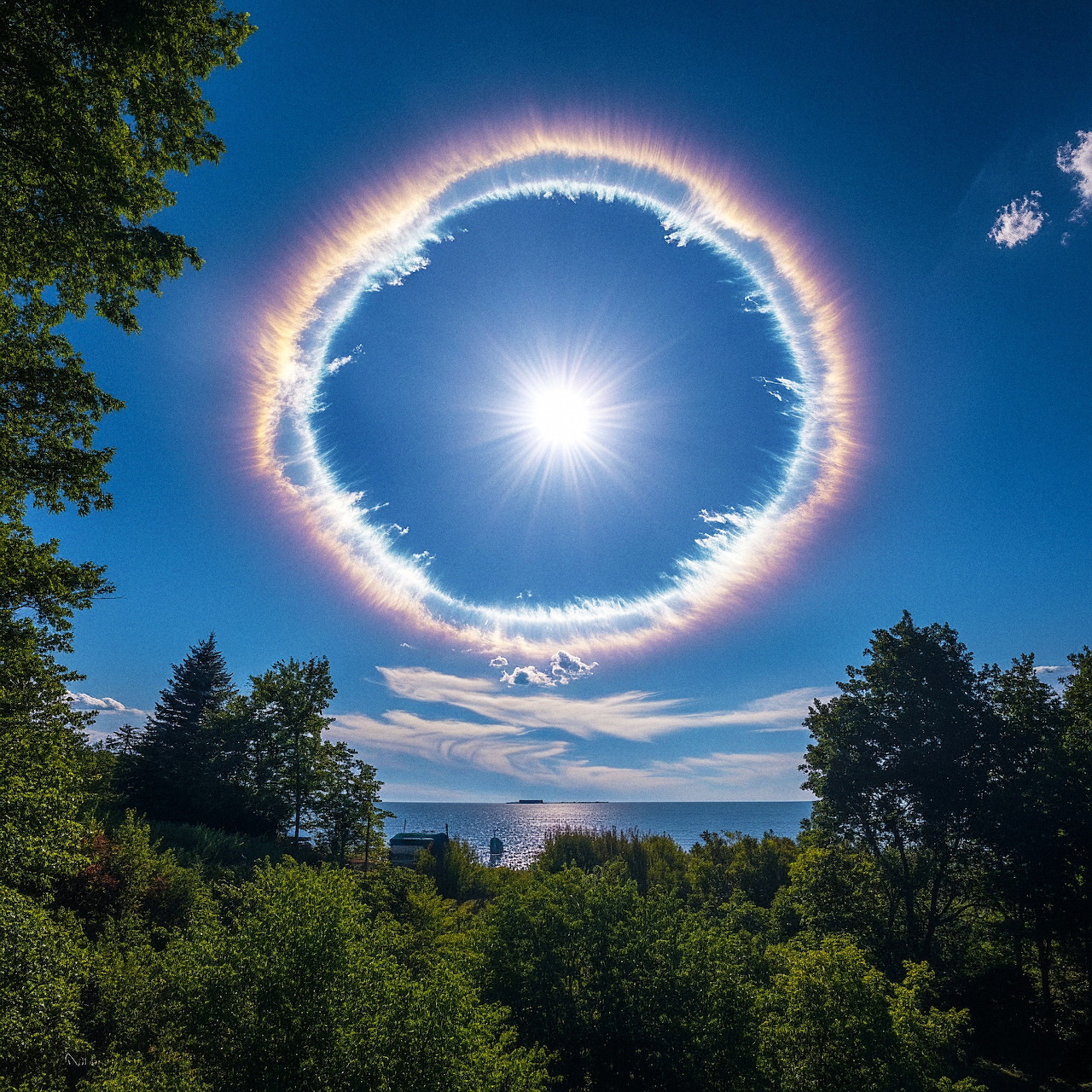 Sun with a glowing halo ring above trees and distant water under a blue sky
