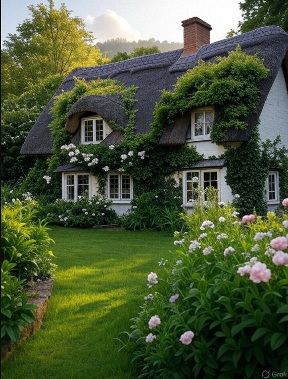 White thatched cottage covered in ivy with flowers and a green lawn