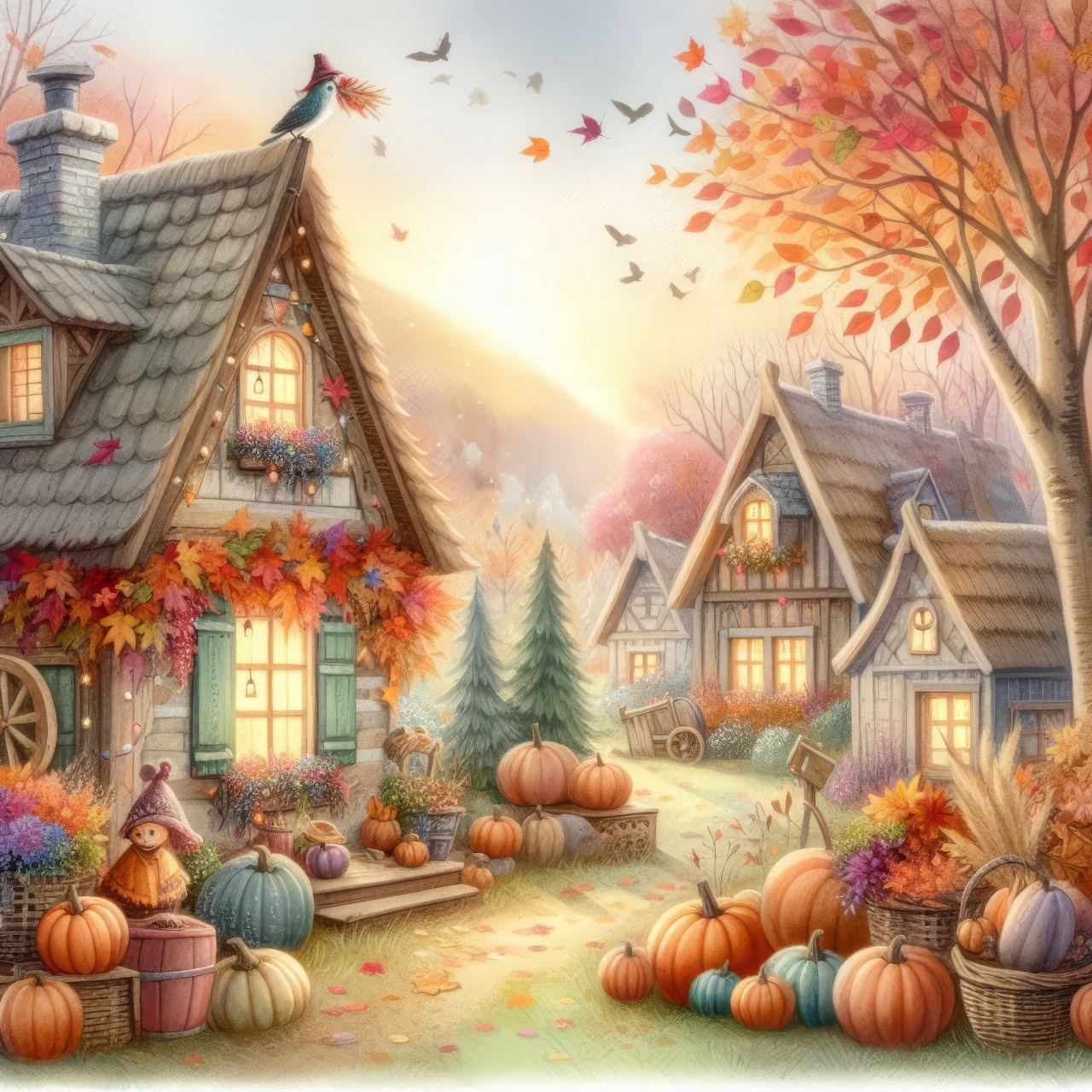 Illustrated autumn village with cottages, pumpkins, and fall foliage at golden hour