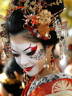 Woman in geisha makeup with white face paint, red accents, floral chek art, and ornate gold hair ornaments