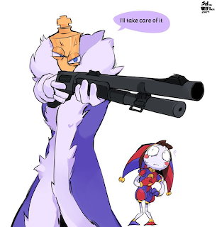 White goat character in purple robe holding shotgun with speech bubble and small character beside