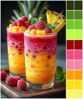 Two layered tropical fruit smoothies garnished with fresh berries, mango, pineapple and mint leaves