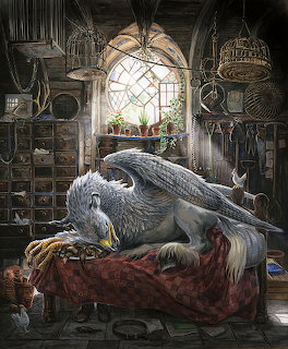 Illustration of a grey hippogriff lying on straw in a medieval room with arched window and shelves