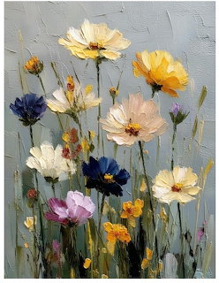 Oil painting of colorful wildflowers with white, yellow, blue, and pink petals on grey background