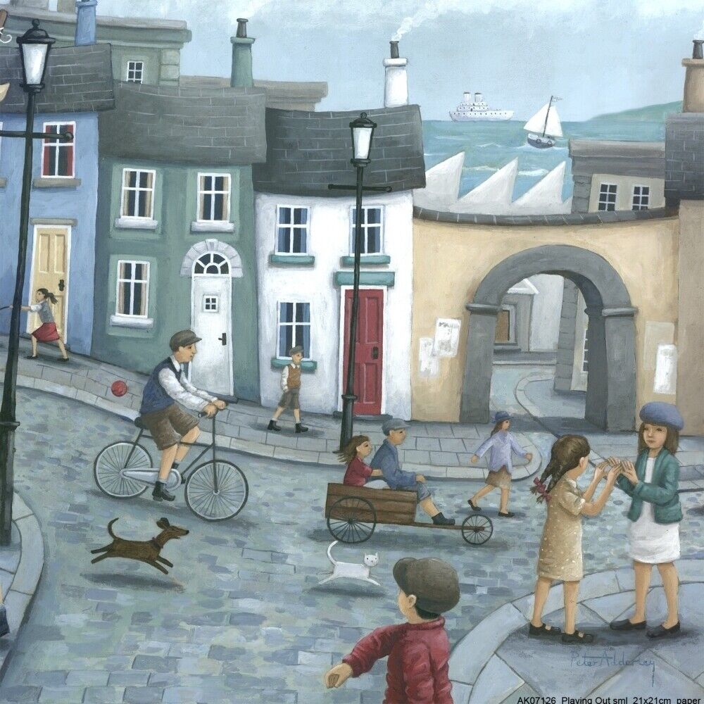 Painting of children playing on a cobblestone street in a pastel seaside village