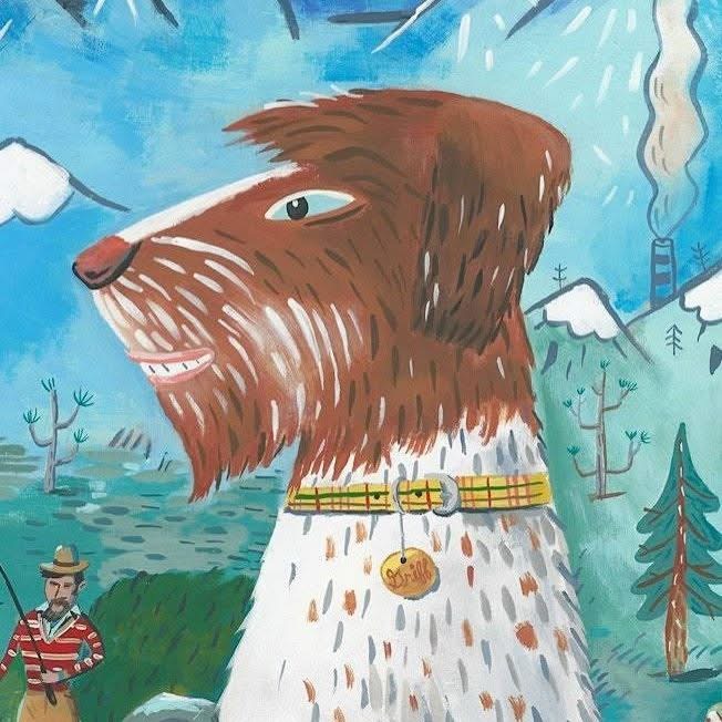 Illustration of a brown dog in a white coat with gold buttons, blue sky and trees in background