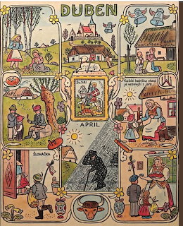 Vintage illustrated calendar page with folk scenes arranged in decorative panels showing medieval village life in April
