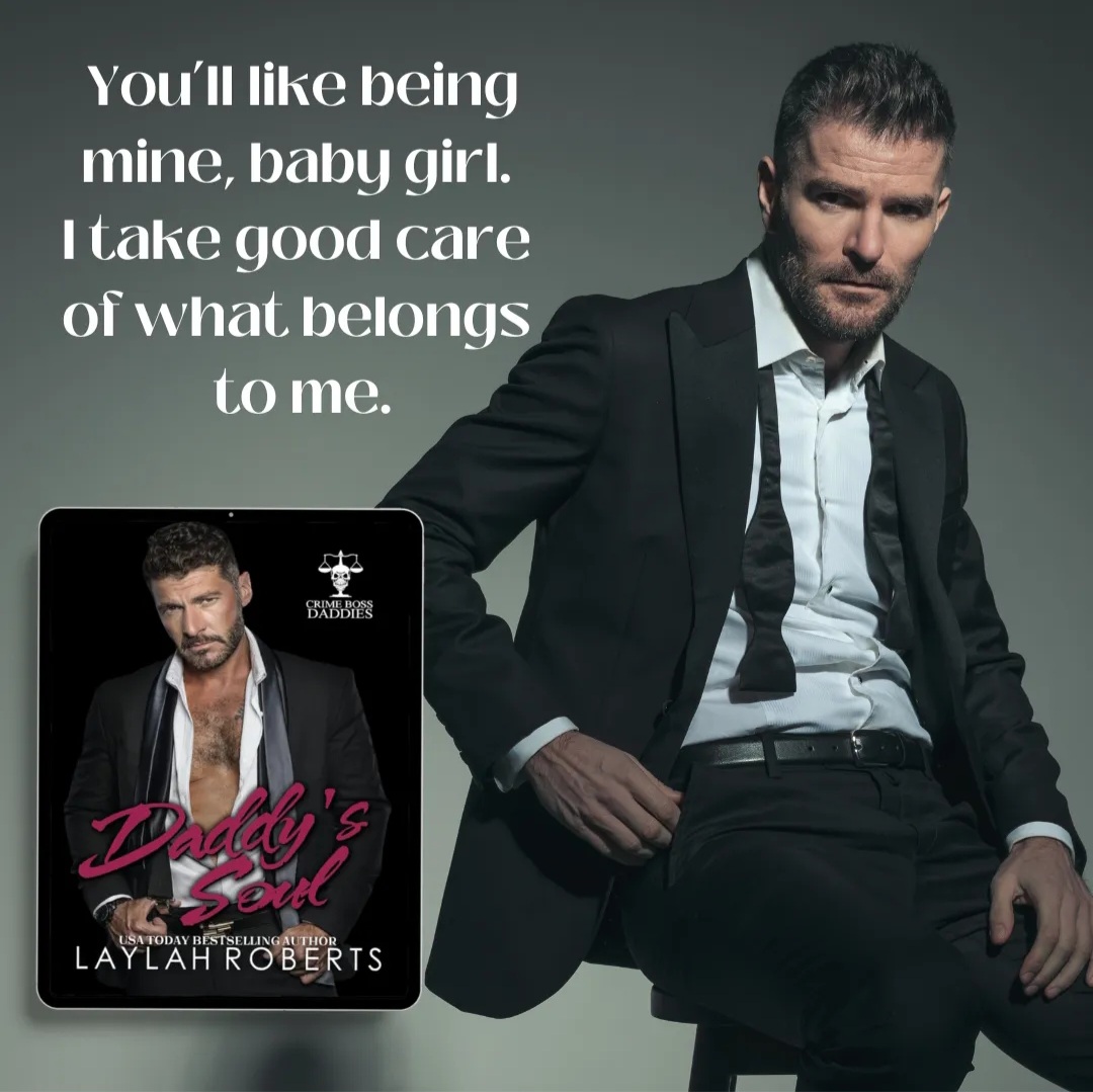 Man in black suit sitting next to romance book cover with text overlay about being possessive