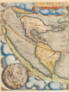 Antique hand-colored map of the Americas with Latin text and celestial sphere inset