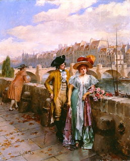 Oil painting of a man and woman in period dress walking on a Paris bridge with cityscape behind