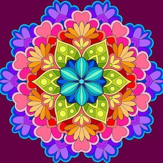 Colorful floral mandala with symmetrical petals and leaf shapes on a dark purple background