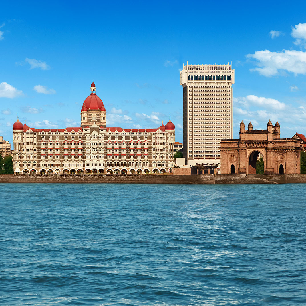 Taj Mahal Palace hotel and Gateway of India monument viewed from the sea in Mumbai