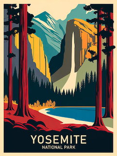 Vintage travel poster of Yosemite National Park showing towering cliffs, waterfall, lake, and sequoia trees