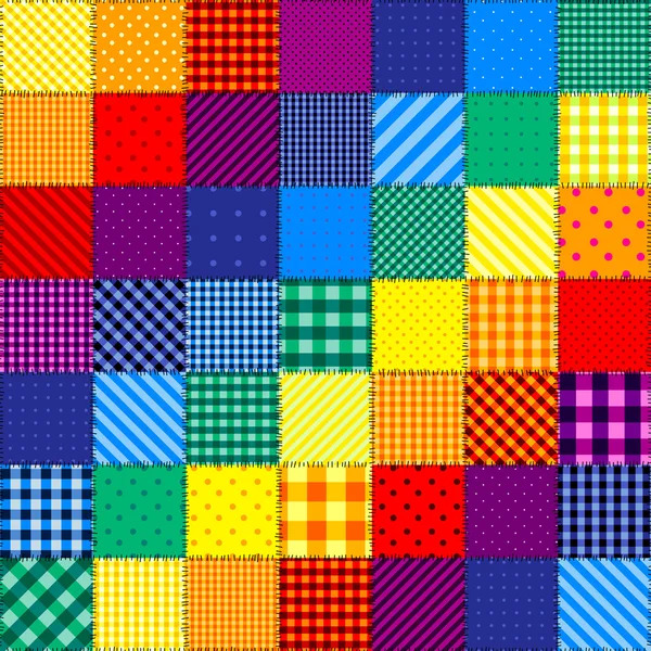 Colorful patchwork quilt grid with checkered, striped, and dotted fabric squares in rainbow colors