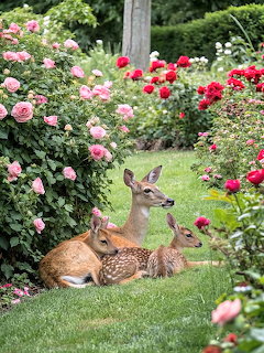 A doe and two fawns resting on grass among blooming pink and red roses in a garden
