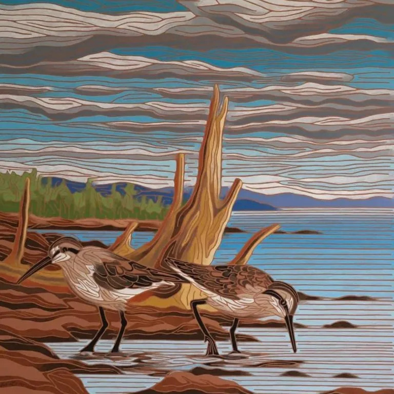 Stylized illustration of two shorebirds on a driftwood beach beside calm blue water