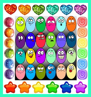 Grid of cartoon oval faces in rainbow colors with various expressions, surrounded by hearts, stars and spirals